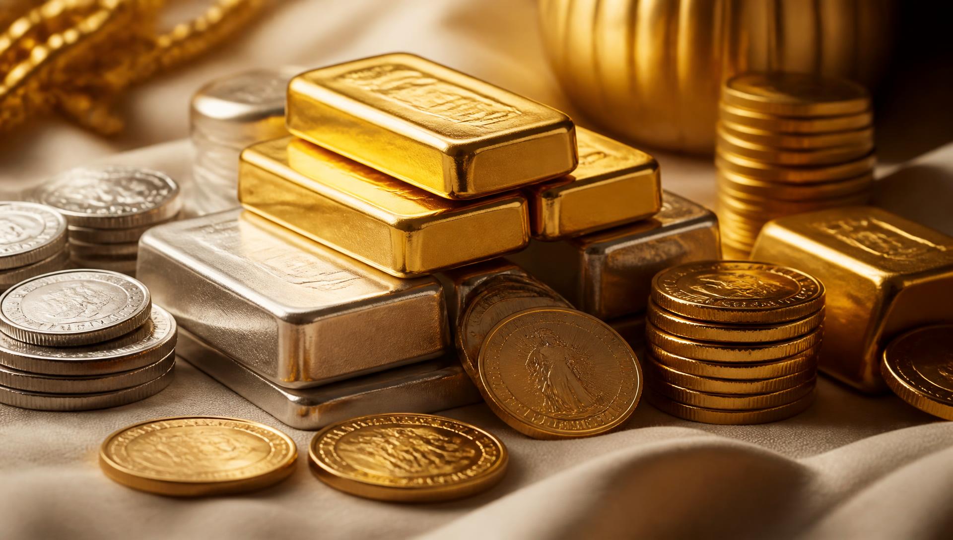 Gold- und Silberbarren sowie Anlagemünzen auf cremefarbenem Leinen