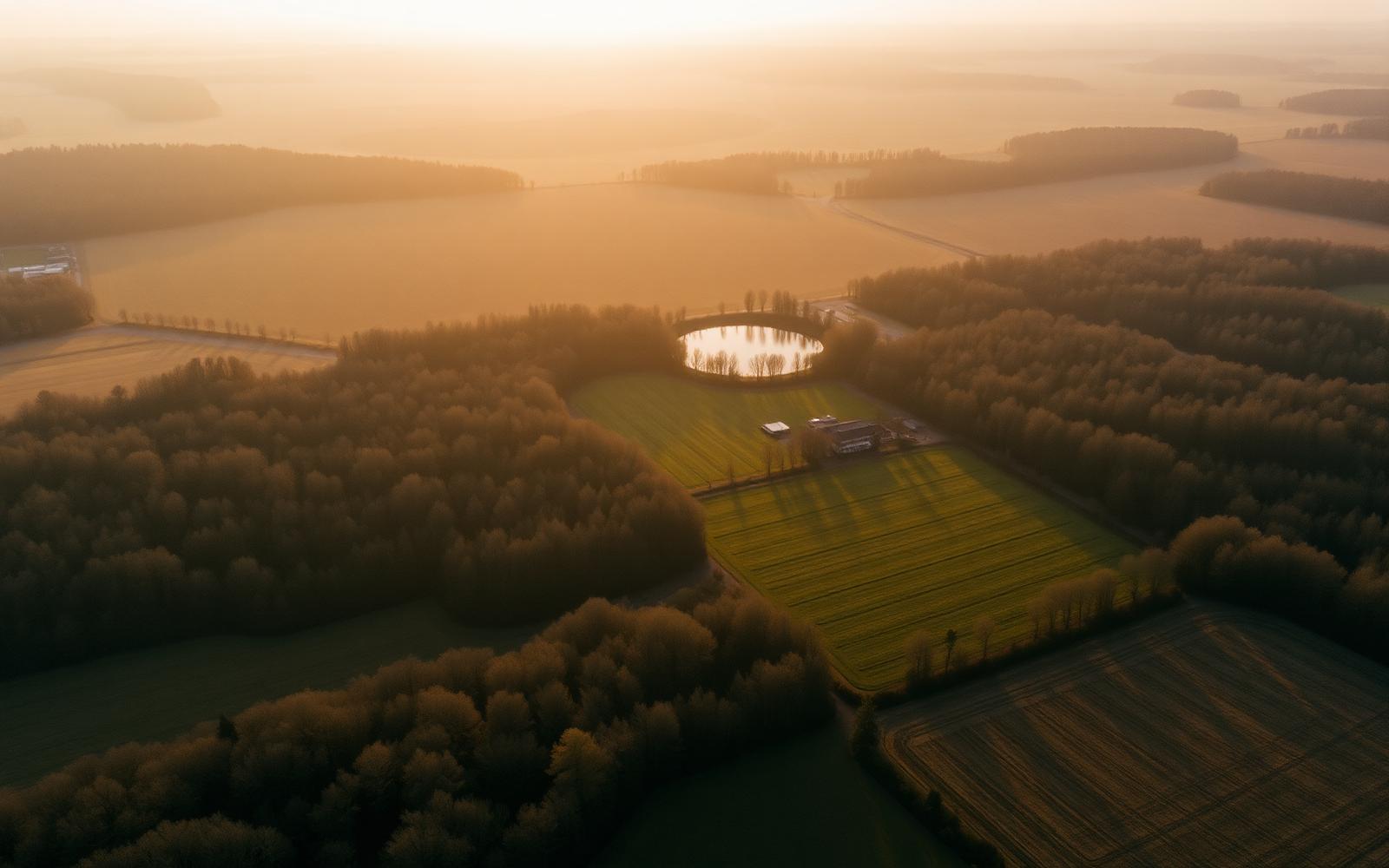 Weite Feld- und Waldlandschaft im goldenen Licht