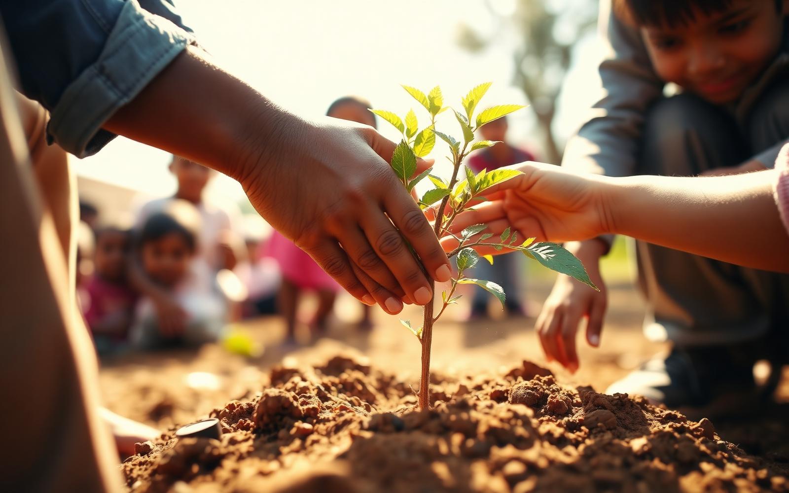 Hände pflanzen gemeinsam mit Kindern einen jungen Baum